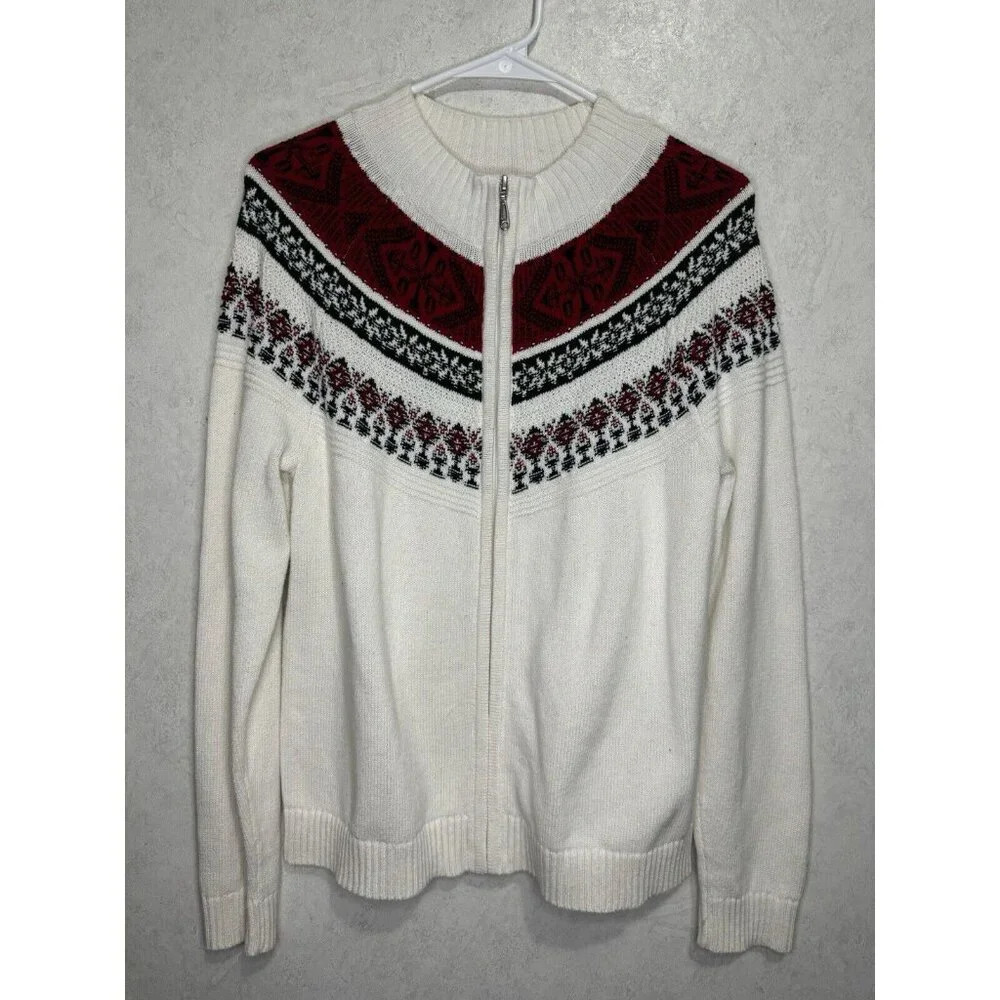 Christopher & Banks Nordic Fair Isle Full Zip Mock Neck Cardigan Sweater MEDIUM